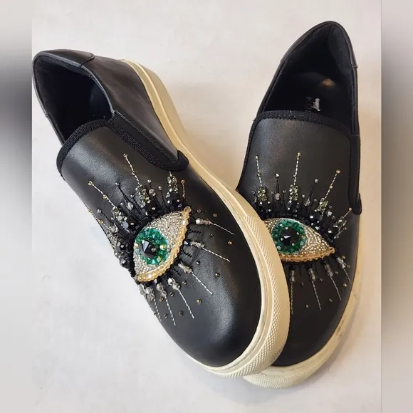 || KURT GEIGER || Leah Crystal Eye sneakers slip ons black leather sz 39 (9)
