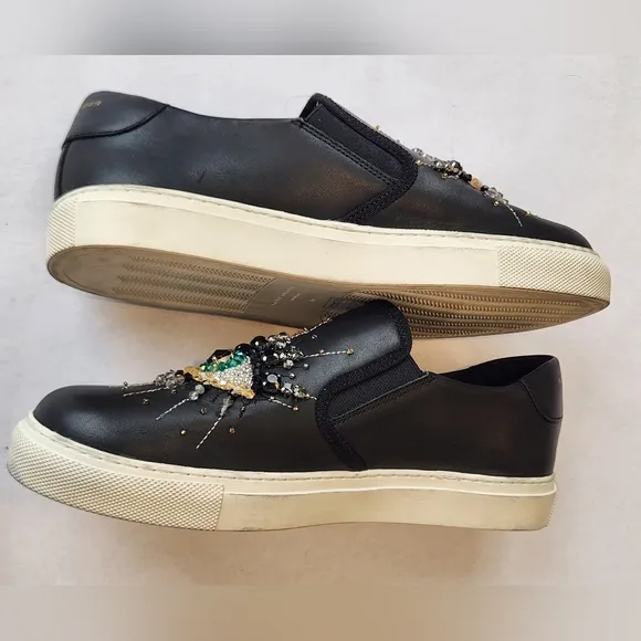 || KURT GEIGER || Leah Crystal Eye sneakers slip ons black leather sz 39 (9)