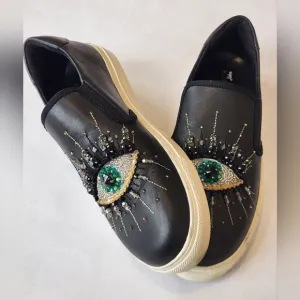 || KURT GEIGER || Leah Crystal Eye sneakers slip ons black leather sz 39 (9)