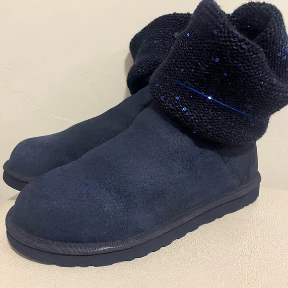 - UGG Australia Nyla  Navy Blue Suede Sparkle Knit Boots Women’s Size 9
