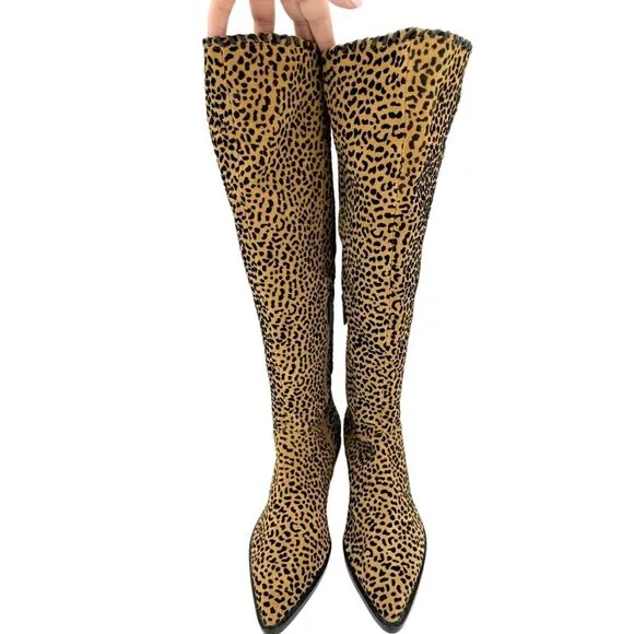 1.State Sage Animal Cheetah Suede Print Western Tall Pull On Boots SZ 9 NEW