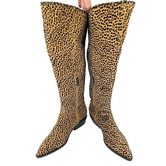 1.State Sage Animal Cheetah Suede Print Western Tall Pull On Boots SZ 9 NEW