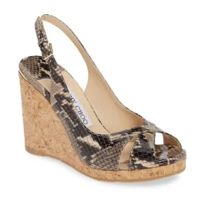 $650 JIMMY CHOO Amely Snake-Print leather Wedge shoes 38 )SE26)