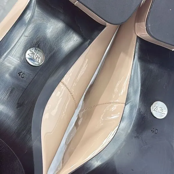 (A2) Zara Beige/Tan Multi Strap Square Toe Patent Leather Mary Jane Shoes,US40/9