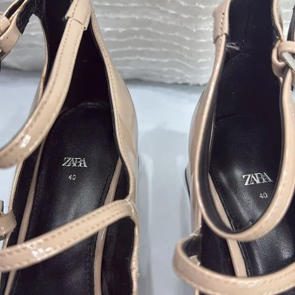 (A2) Zara Beige/Tan Multi Strap Square Toe Patent Leather Mary Jane Shoes,US40/9