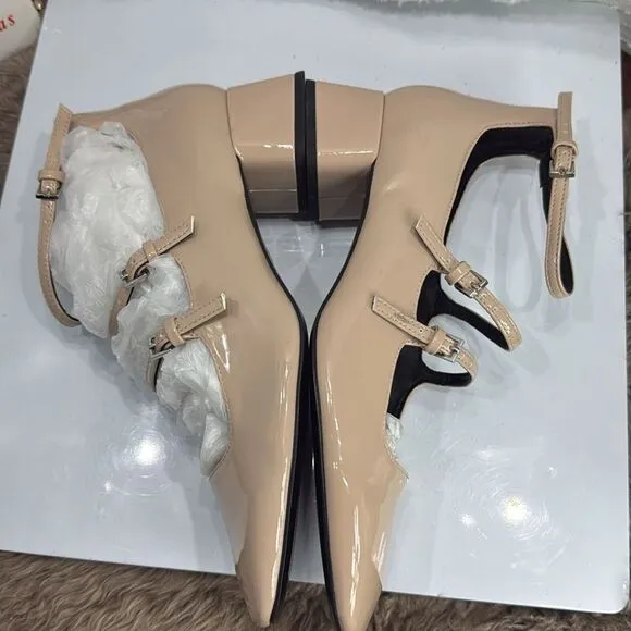(A2) Zara Beige/Tan Multi Strap Square Toe Patent Leather Mary Jane Shoes,US40/9