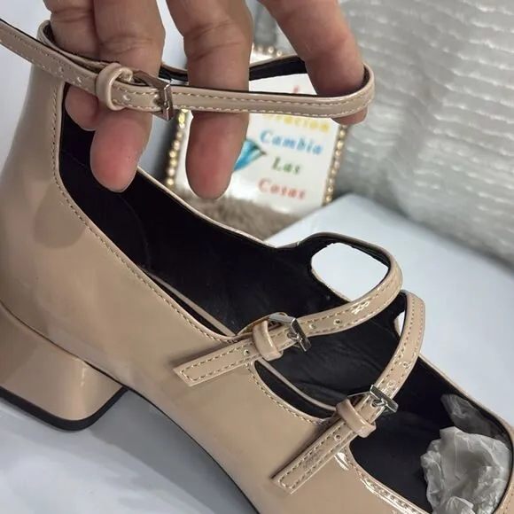 (A2) Zara Beige/Tan Multi Strap Square Toe Patent Leather Mary Jane Shoes,US40/9