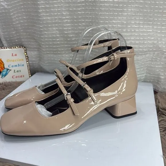 (A2) Zara Beige/Tan Multi Strap Square Toe Patent Leather Mary Jane Shoes,US40/9