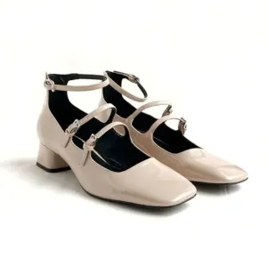 (A2) Zara Beige/Tan Multi Strap Square Toe Patent Leather Mary Jane Shoes,US40/9