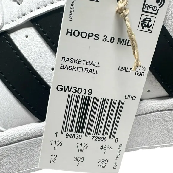 Adidas Men’s Hoops 3.0 Mid GW3019 White/Black Size 12