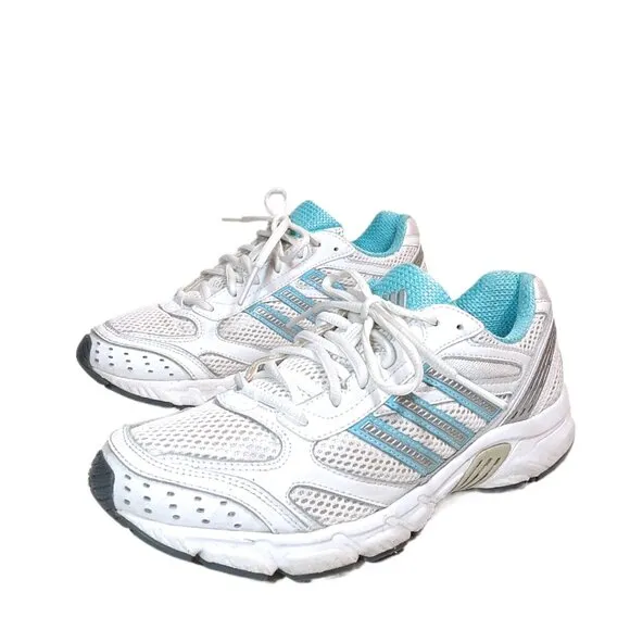 Adidas Running Shoes Womens 7 White Blue Mesh Faux Leather Athletic Sneakers