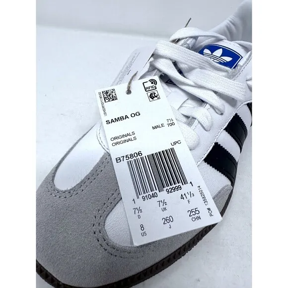 adidas Samba OG Low White Black Gum shoes sneakers B75806 Men's 8 NEW