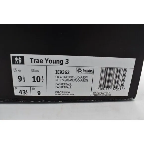 Adidas Mens Size 10.5 Trae Young 3 Black White Carbon Basketball Shoes Sneakers