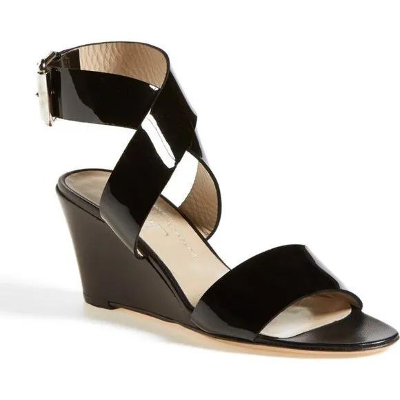 AGL black patent ankle strap wedge sandals 38.5