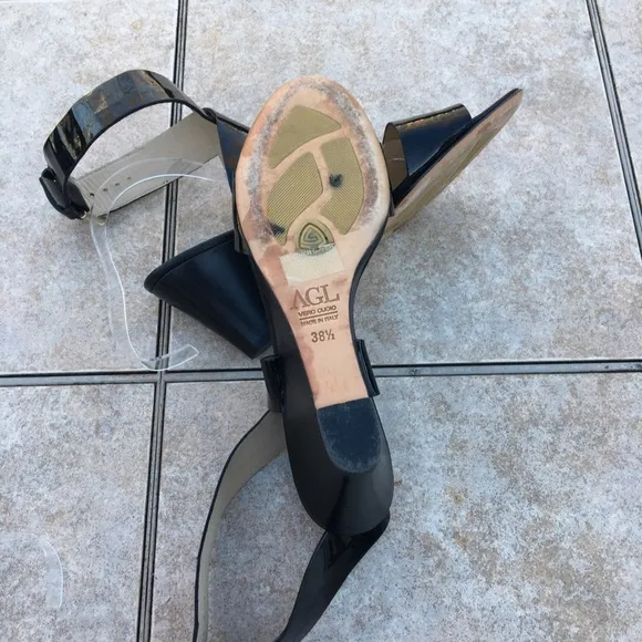AGL black patent ankle strap wedge sandals 38.5