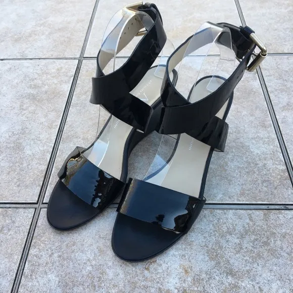AGL black patent ankle strap wedge sandals 38.5