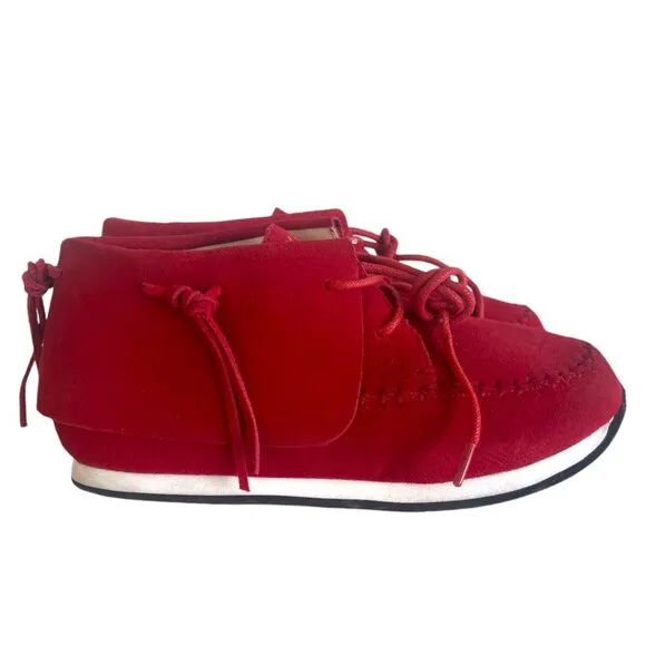 AKID Stone Red Nubuck Leather Moccasin Booties Ankle Boots Fringe A Kid Sz 1 1Y