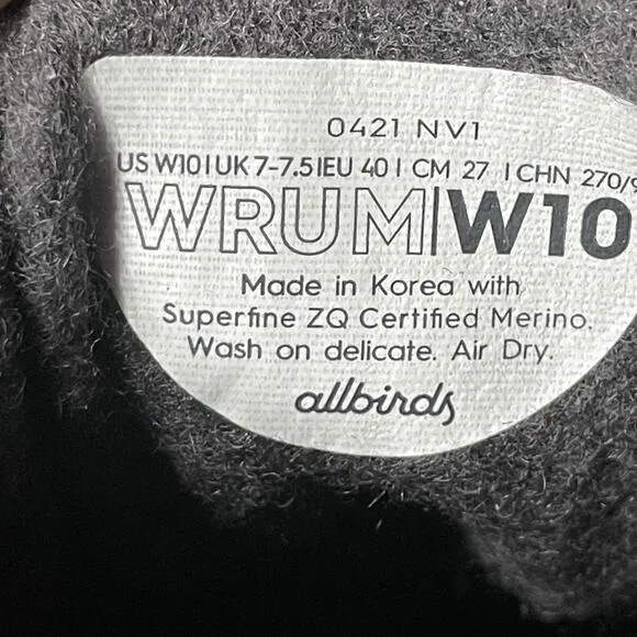 Allbirds WRUM Wool Runner Up Mizzles Women’s 10 Grey Walking Shoe Casual Sneaker