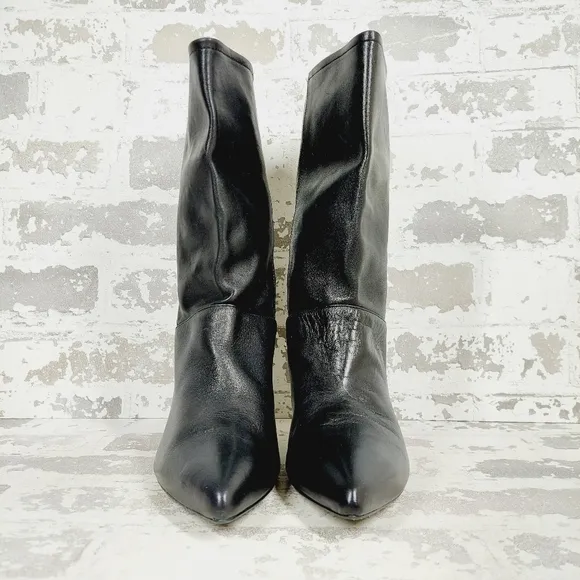 AllSaints Orlana Black Patent Mid Calf Heeled Boots i348