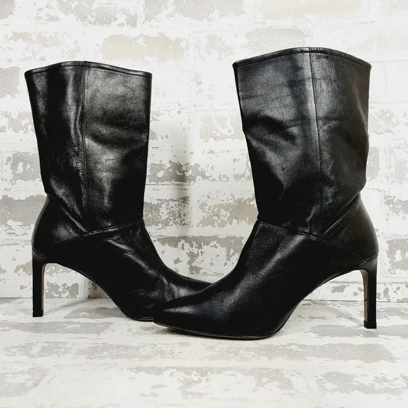 AllSaints Orlana Black Patent Mid Calf Heeled Boots i348