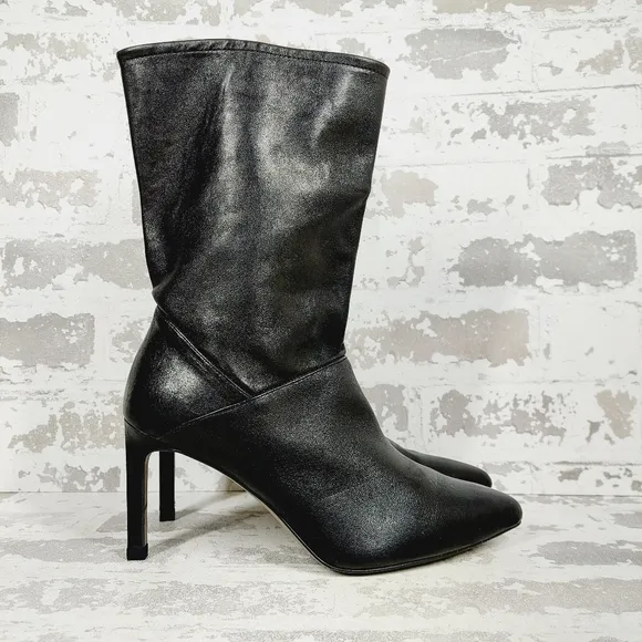 AllSaints Orlana Black Patent Mid Calf Heeled Boots i348