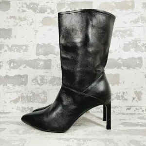 AllSaints Orlana Black Patent Mid Calf Heeled Boots i348