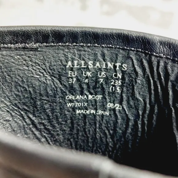 AllSaints Orlana Black Patent Mid Calf Heeled Boots i348