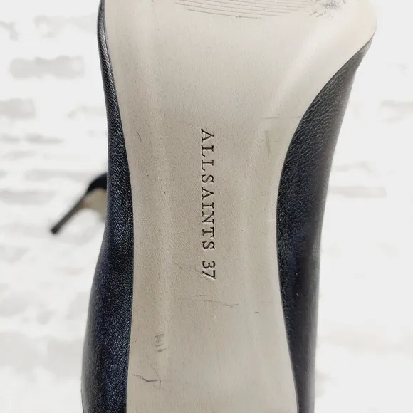 AllSaints Orlana Black Patent Mid Calf Heeled Boots i348