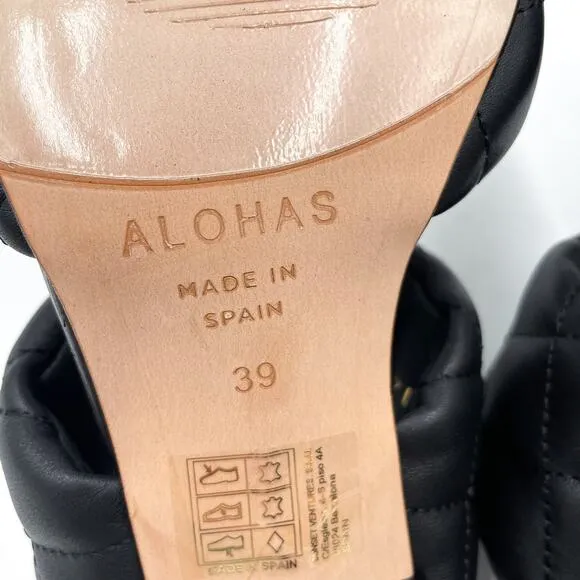 Alohas Conner Sandals Black Leather Quilted Heels Square Toe Sz 8.5