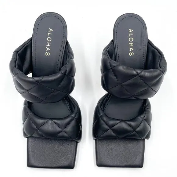 Alohas Conner Sandals Black Leather Quilted Heels Square Toe Sz 8.5
