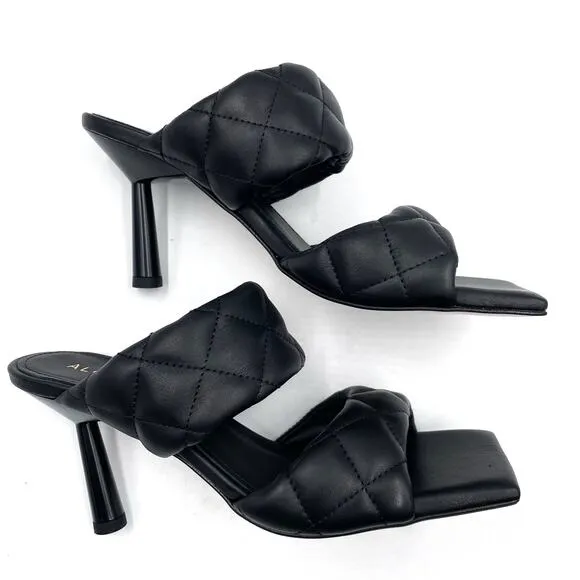 Alohas Conner Sandals Black Leather Quilted Heels Square Toe Sz 8.5