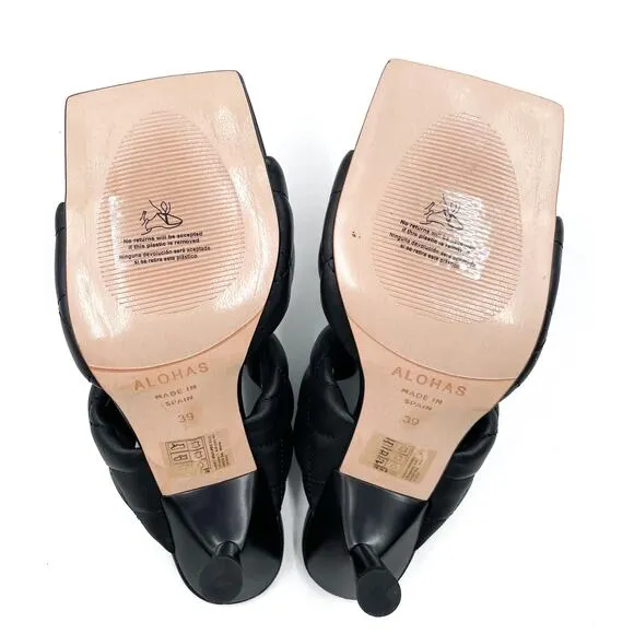 Alohas Conner Sandals Black Leather Quilted Heels Square Toe Sz 8.5