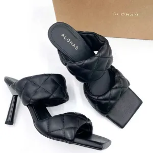 Alohas Conner Sandals Black Leather Quilted Heels Square Toe Sz 8.5