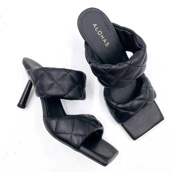 Alohas Conner Sandals Black Leather Quilted Heels Square Toe Sz 8.5