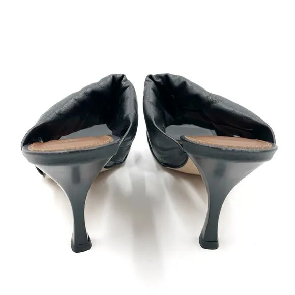 Alohas Puffy Twist Strap Sandals Black Leather Square Toe Heels Sz 38 / 7