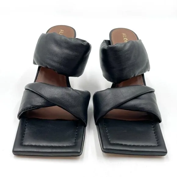 Alohas Puffy Twist Strap Sandals Black Leather Square Toe Heels Sz 38 / 7