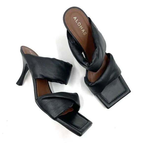 Alohas Puffy Twist Strap Sandals Black Leather Square Toe Heels Sz 38 / 7