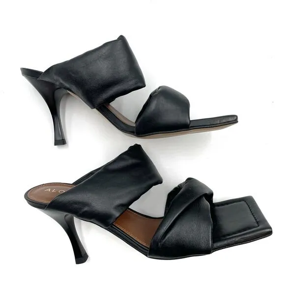 Alohas Puffy Twist Strap Sandals Black Leather Square Toe Heels Sz 38 / 7