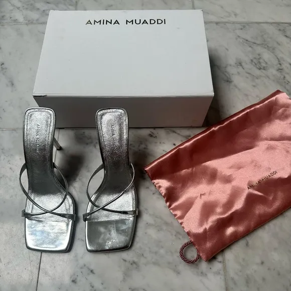 Amina Muaddi Adriana Metallic Silver Stiletto Sandals US 9/ IT 39