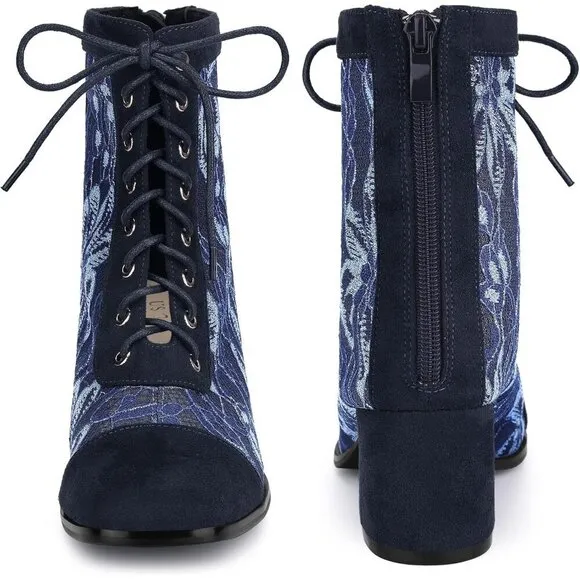 Ankle Boots for Women Dark Blue Rubber Lace Up Floral Lace Block Heels for Women