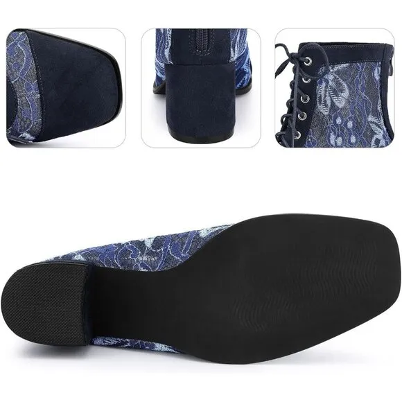 Ankle Boots for Women Dark Blue Rubber Lace Up Floral Lace Block Heels for Women