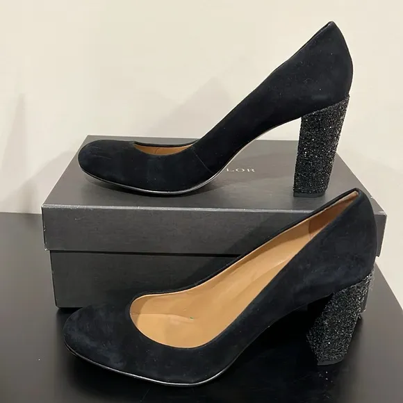 Ann Taylor Perfect Block Glitter Heel Black Suede Shoes Size 8