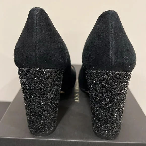Ann Taylor Perfect Block Glitter Heel Black Suede Shoes Size 8
