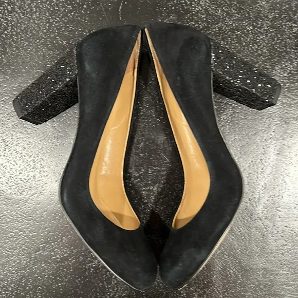 Ann Taylor Perfect Block Glitter Heel Black Suede Shoes Size 8
