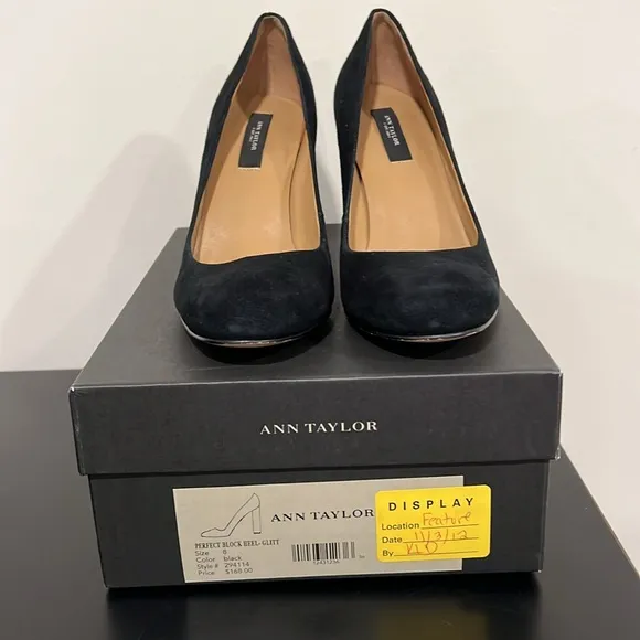 Ann Taylor Perfect Block Glitter Heel Black Suede Shoes Size 8
