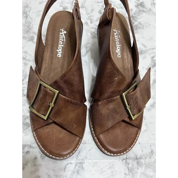 Antelope 505 Leather Buckle Sling Heel Brown Sandals 38/7-7.5 Feminine Coquette