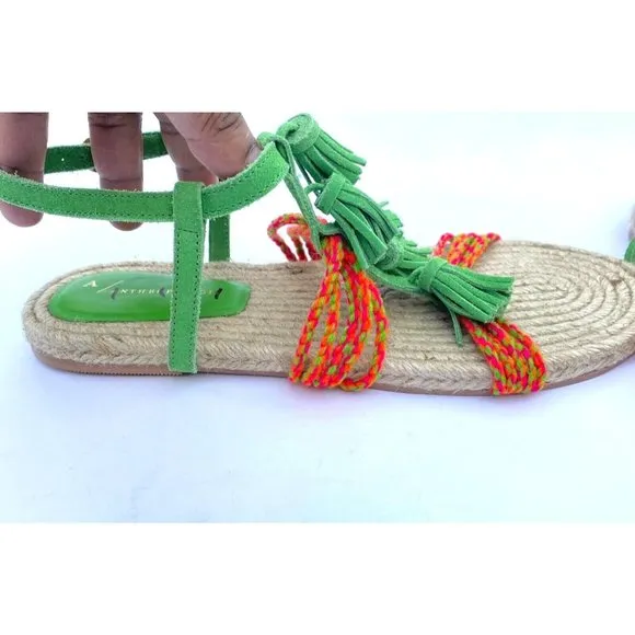 Anthropologie Fringed Rope Sandals Green Suede Boho Tassel Size 10M NWOB