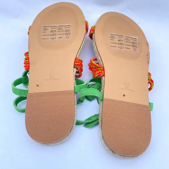 Anthropologie Fringed Rope Sandals Green Suede Boho Tassel Size 10M NWOB