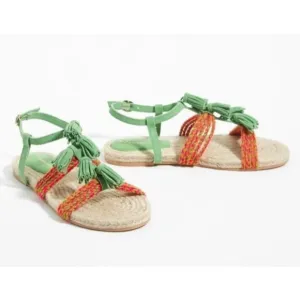 Anthropologie Fringed Rope Sandals Green Suede Boho Tassel Size 10M NWOB