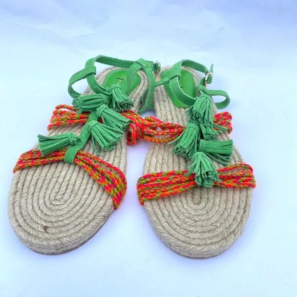 Anthropologie Fringed Rope Sandals Green Suede Boho Tassel Size 10M NWOB